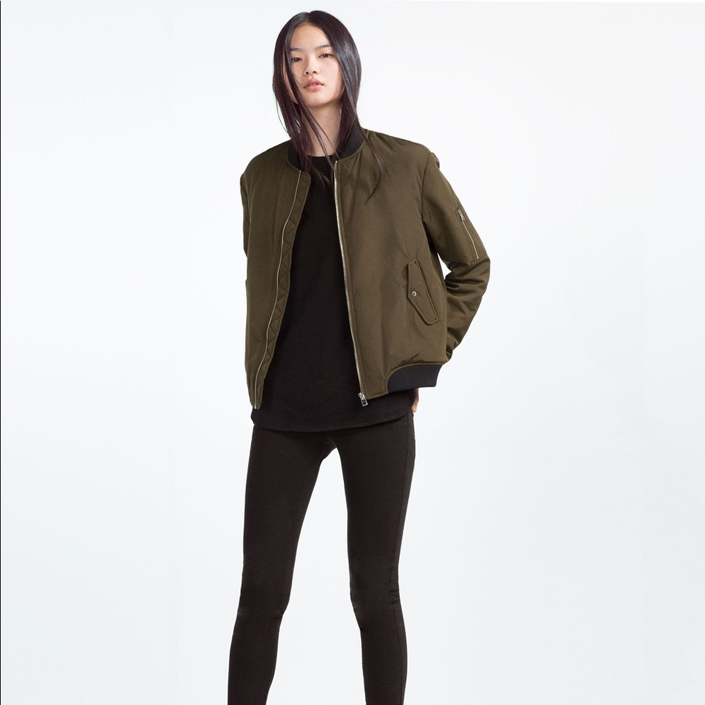 Zara Army Green Nylon Bomber Jacket